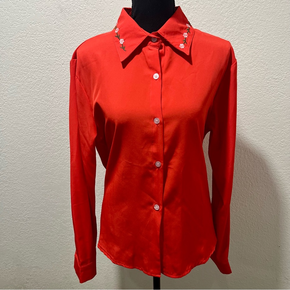 Floral Embroidered Collar Red Button-Up Top